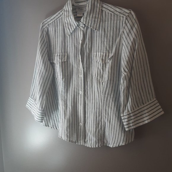 Puli 100% Linen White Grey Pinstripe Button Up Shirt Blouse, Size Large - Picture 3 of 13